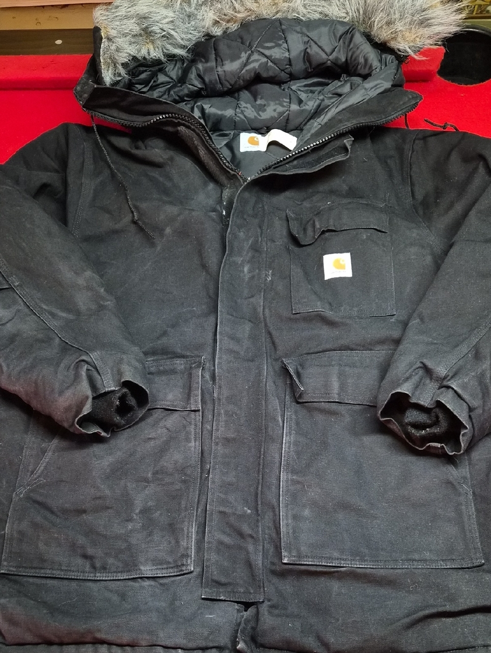 Carhartt Black Hooded Insulated Parka with Faux-Fur Trim
